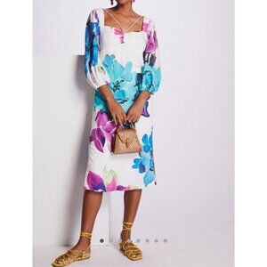 Maeve White Floral Midi Dress With V-Neck & Balloon Sleeves Size 8P